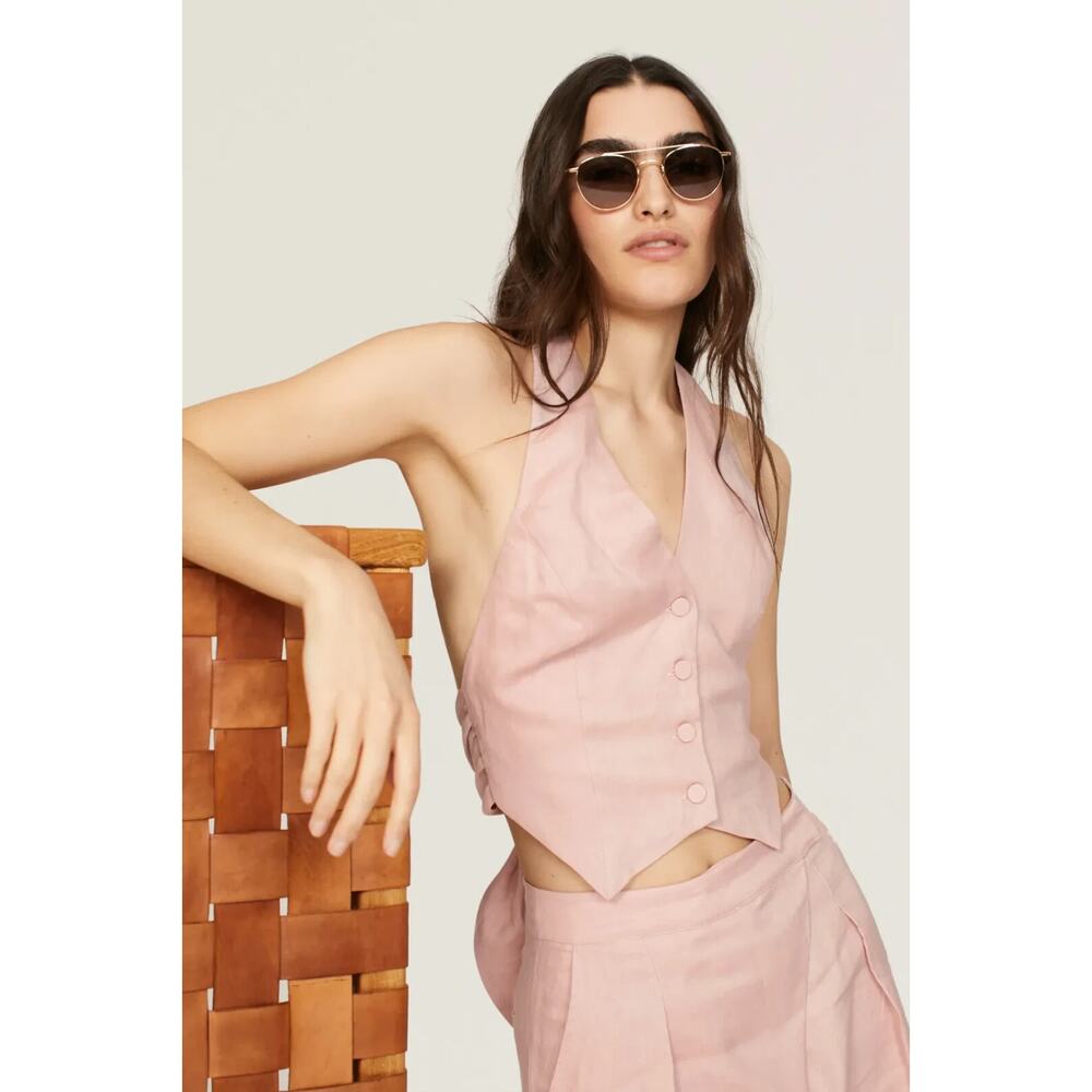 Nicholas Womens Nia Linen Halterneck Vest Button-Front Tie Back Pastel Pink Sz 6